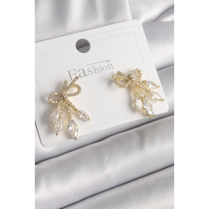 BFS Pirinç Gold Renk Zirkon Taşlı Düğüm Model Damla Zirkon Taşlı Kadın Küpe