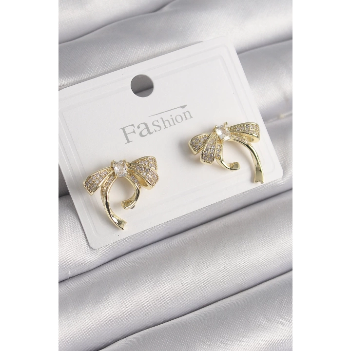 BFS Pirinç Gold Renk Zirkon Taşlı Fiyonk Model Kadın Küpe