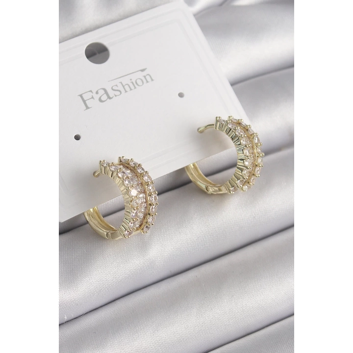 BFS Pirinç Gold Renk Zirkon Taşlı Halka Model Kadın Küpe
