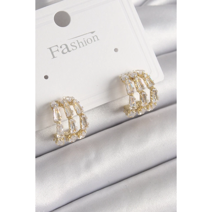BFS Pirinç Gold Renk Zirkon Taşlı Halka Model Kadın Küpe