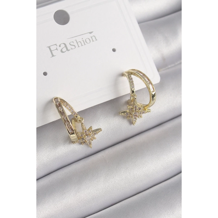 BFS Pirinç Gold Renk Zirkon Taşlı Halka Model Yıldız Detay Kadın Küpe