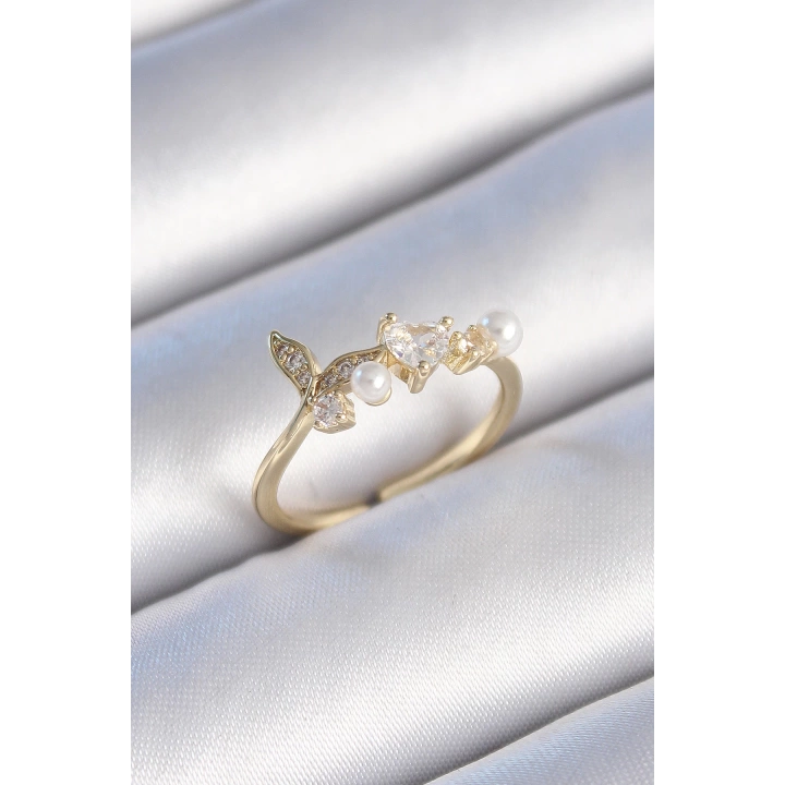 BFS Pirinç Gold Renk Zirkon Taşlı Kalp Yaprak Model İnci Detay Kadın Yüzük