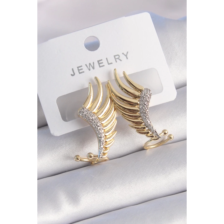 BFS Pirinç Gold Renk Zirkon Taşlı Kanat Model Kadın Küpe