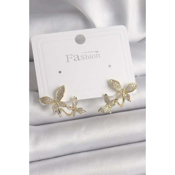 BFS Pirinç Gold Renk Zirkon Taşlı Kelebek Model Kadın Küpe