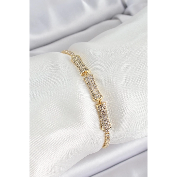 BFS Pirinç Gold Renk Zirkon Taşlı Kemik Model Kadın Bileklik