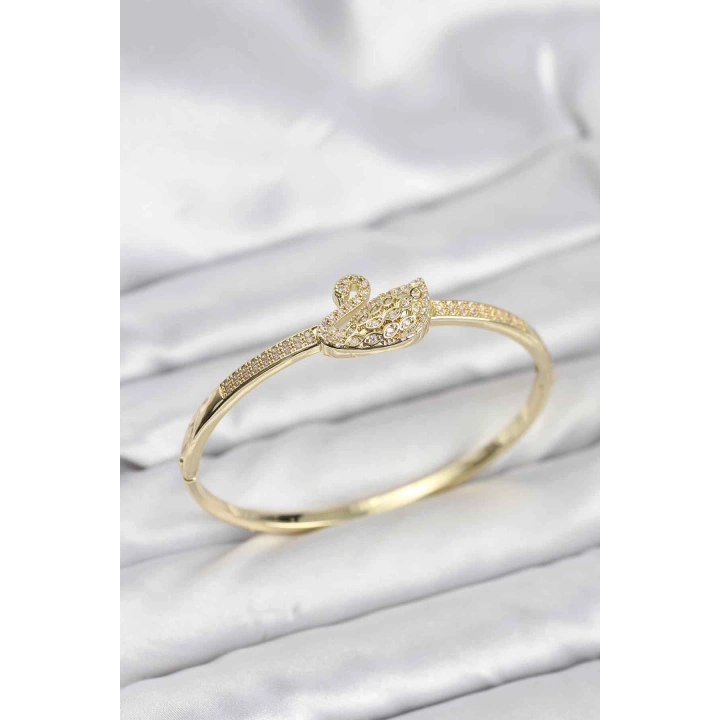 BFS Pirinç Gold Renk Zirkon Taşlı Kuğu Model Kadın Kelepçe Bileklik