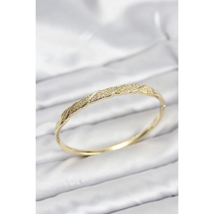 BFS Pirinç Gold Renk Zirkon Taşlı Model Kadın Kelepçe Bileklik