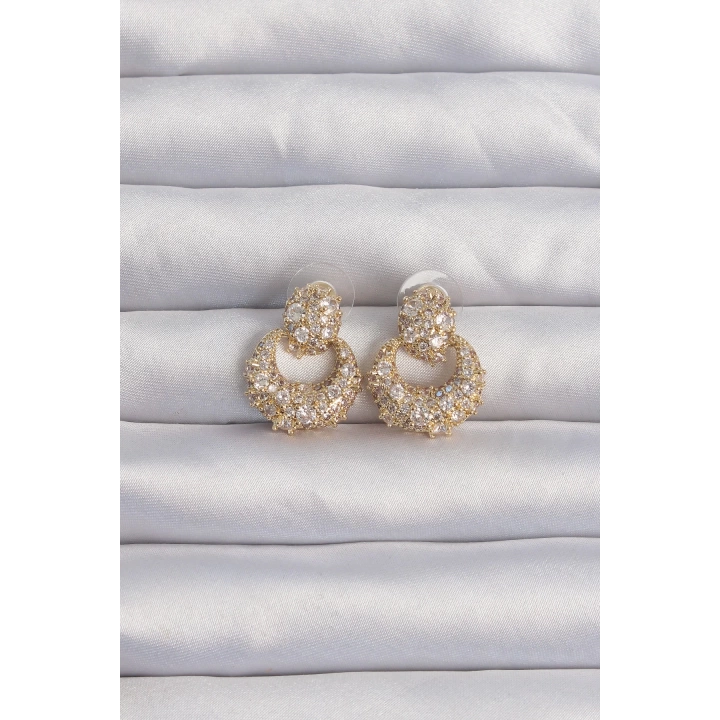 BFS Pirinç Gold Renk Zirkon Taşlı Oval Form Küpe