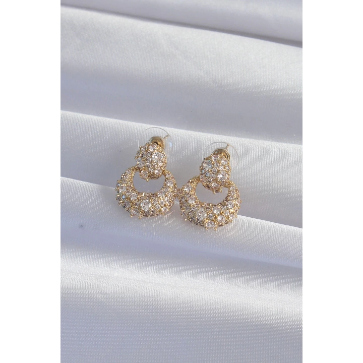 BFS Pirinç Gold Renk Zirkon Taşlı Oval Form Küpe