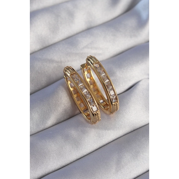 BFS Pirinç Gold Renk Zirkon Taşlı Oval Model Küpe