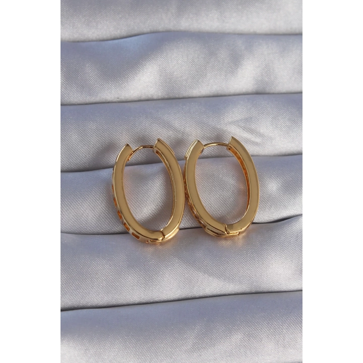 BFS Pirinç Gold Renk Zirkon Taşlı Oval Model Küpe