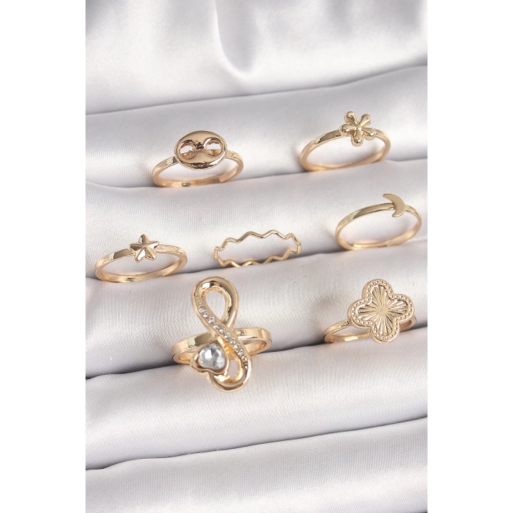 BFS Pirinç Gold Renk Zirkon Taşlı Sonsuzluk Figür Yıldız Detay Kadın Yüzük Kombini