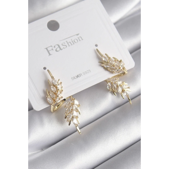 BFS Pirinç Gold Renk Zirkon Taşlı Yaprak Model Kadın Küpe