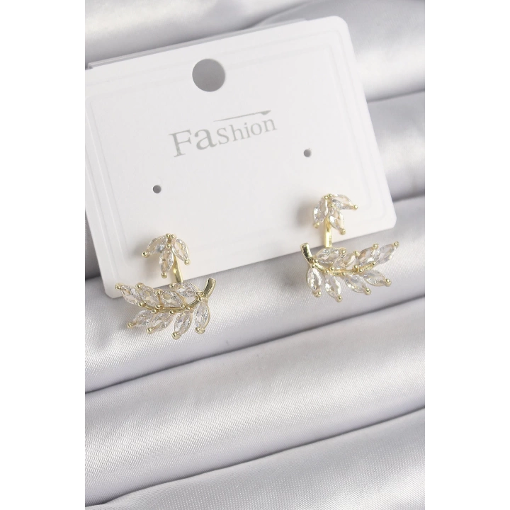 BFS Pirinç Gold Renk Zirkon Taşlı Yaprak Model Kadın Küpe