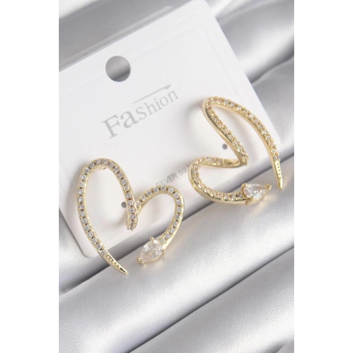 BFS Pirinç Gold Renk Zirkon Taşlı Yılan Kalp Model Kadın Küpe