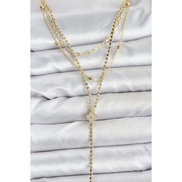 BFS Pirinç Gold Renk Zirkon Taşlı Yonca Model Detaylı 3lü Kombin Y Kadın Kolye