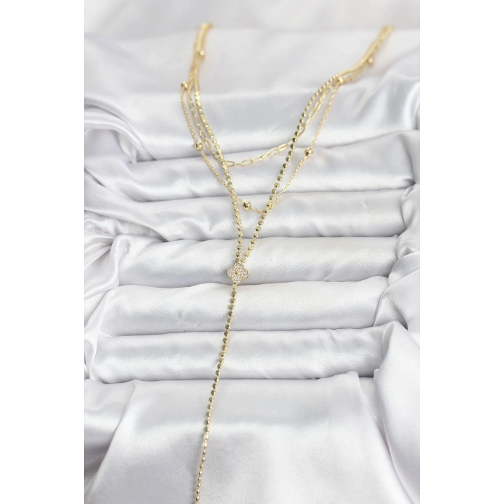 BFS Pirinç Gold Renk Zirkon Taşlı Yonca Model Detaylı 3lü Kombin Y Kadın Kolye