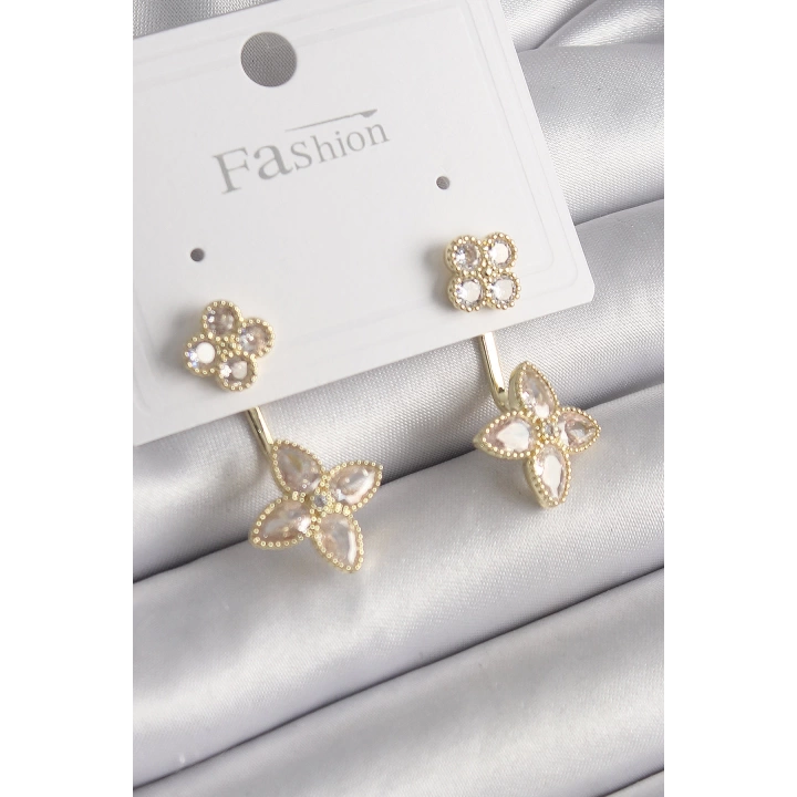 BFS Pirinç Gold Renk Zirkon Taşlı Yonca Model Kadın Küpe