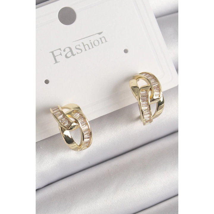 BFS Pirinç Gold Renk Zirkon Taşlı Zincir Model Kadın Küpe