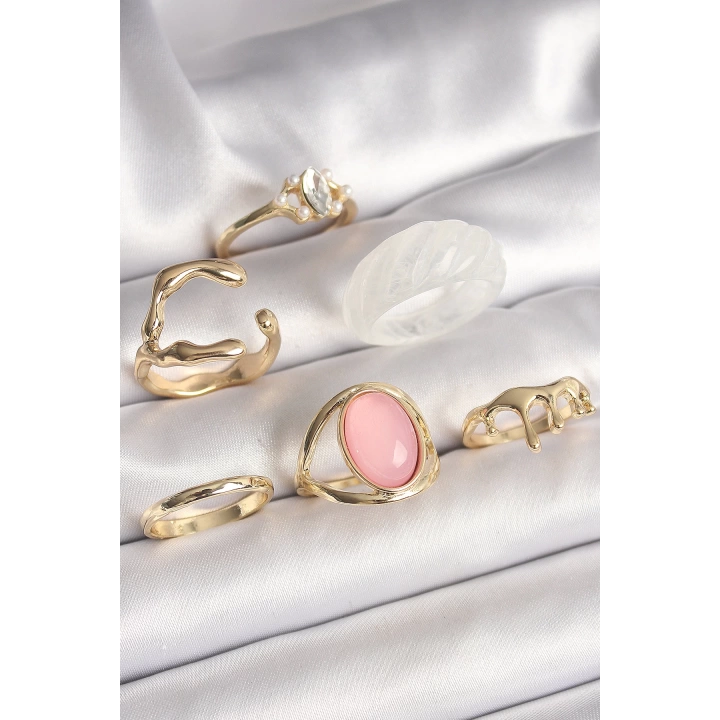 BFS Pirinç Gold Renk Zirkonlı Oval Pembe Mineli 6Lı Kadın Yüzük Seti