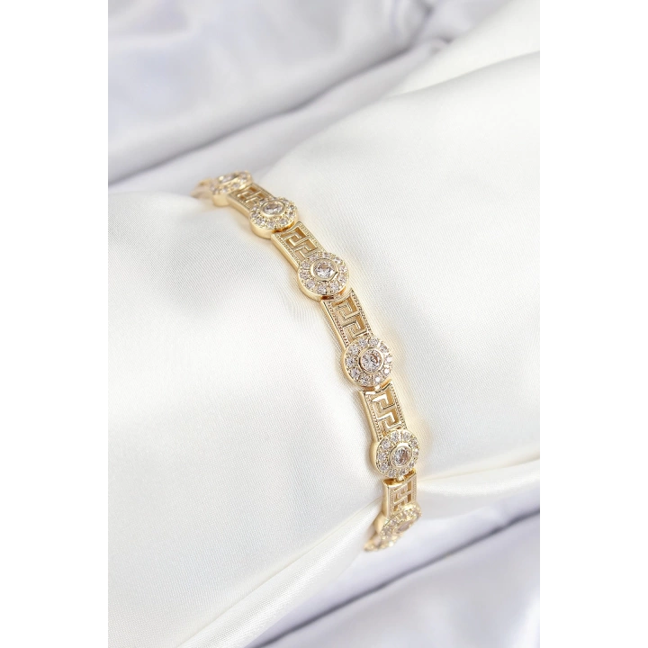 BFS Pirinç Greg Model Zirkon Taşlı Gold Renk VİP Seri Kadın Bileklik