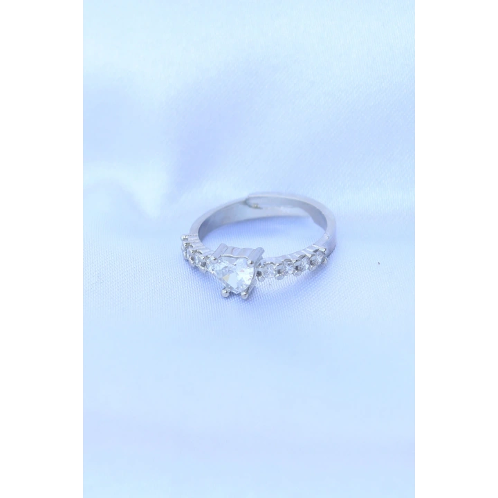 BFS Pirinç Gümüş Renk Ayarlanabilir Zirkon Taşlı Minimal Kalp Yüzük