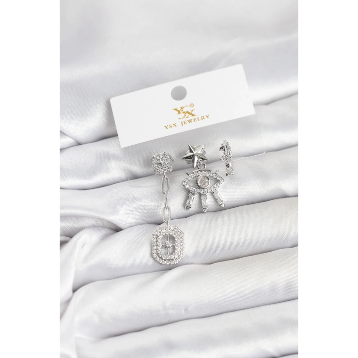 BFS Pirinç Gümüş Renk Göz ve Kutup Yıldızı Model YSX Trio Küpe Seti