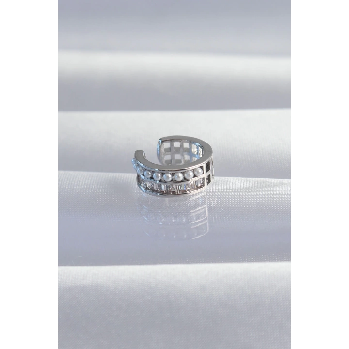 BFS Pirinç Gümüş Renk İncili Baget Taşlı Earcuff Küpe