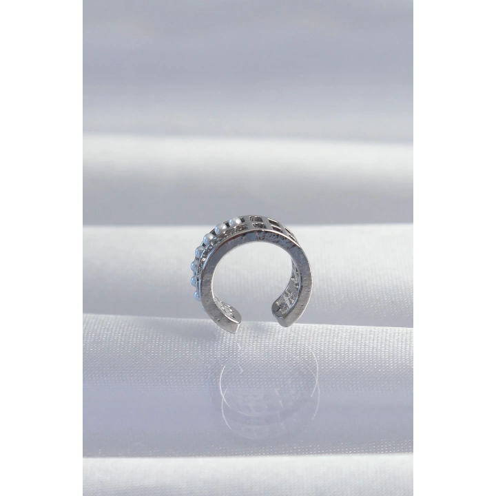 BFS Pirinç Gümüş Renk İncili Baget Taşlı Earcuff Küpe
