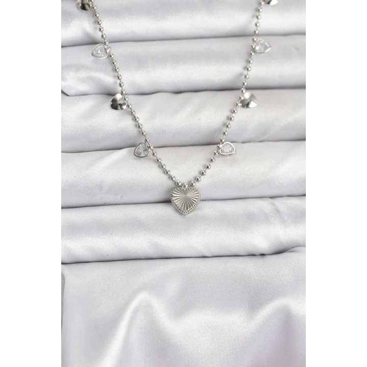 BFS Pirinç Gümüş Renk Kalp Model Kadın Kolye