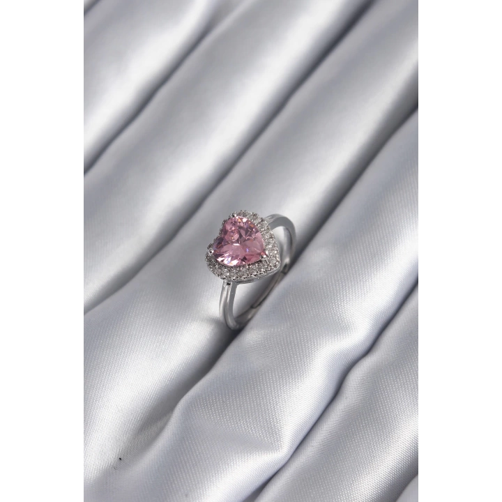 BFS Pirinç Gümüş Renk Pembe Zirkon Taş Kalp Charm Model Kadın Yüzük