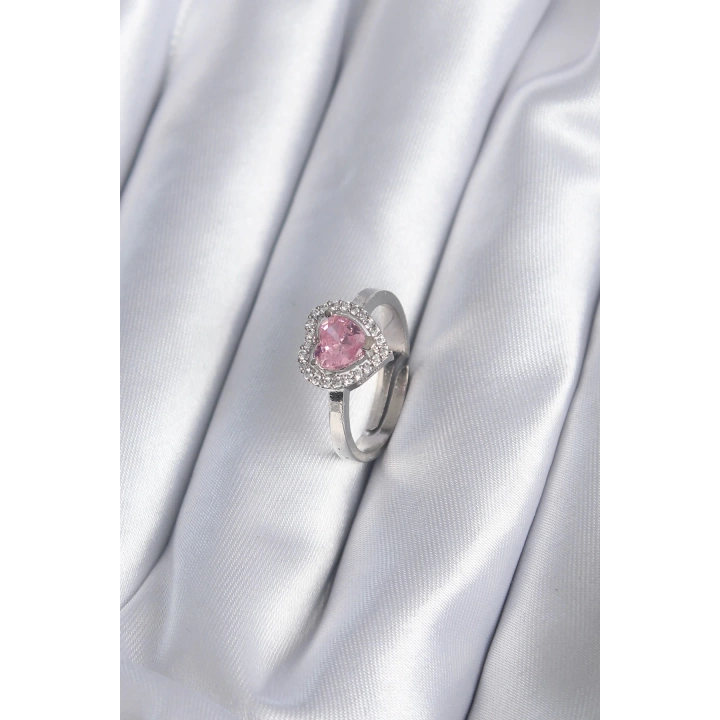 BFS Pirinç Gümüş Renk Pembe Zirkon Taşlı Charm Model Kadın Yüzük