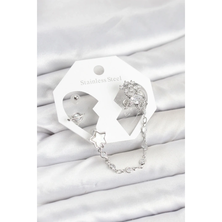 BFS Pirinç Gümüş Renk Yıldız Model Zincir Bağlantılı Ear Cuff Küpe Seti