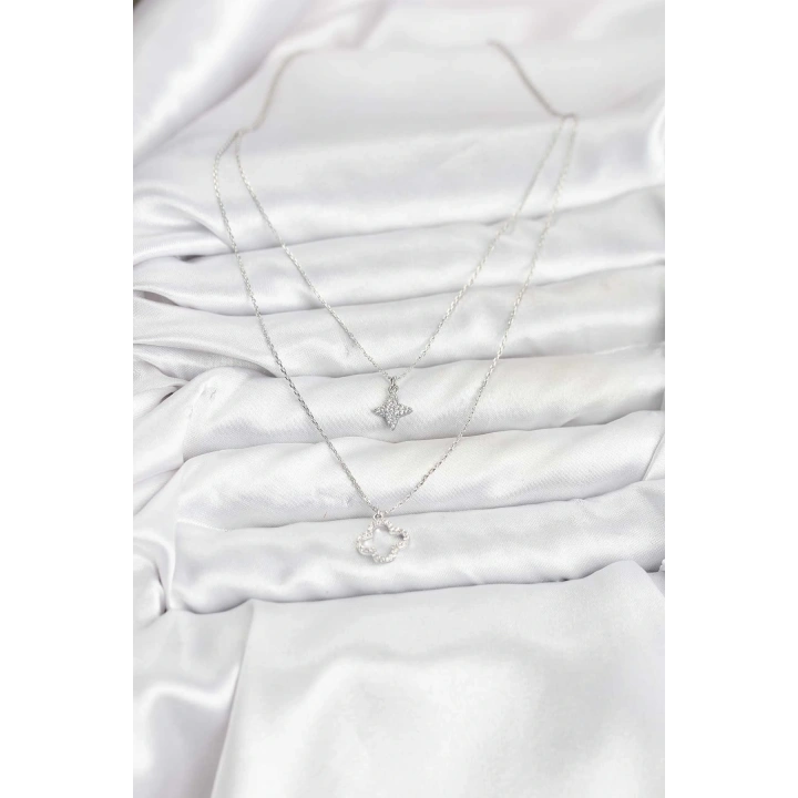 BFS Pirinç Gümüş Renk Yonca Model 2li Kadın Kolye