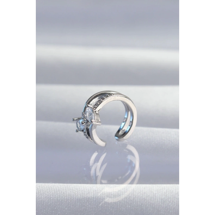 BFS Pirinç Gümüş Renk Zirkon Taşlı Damla Earcuff Küpe