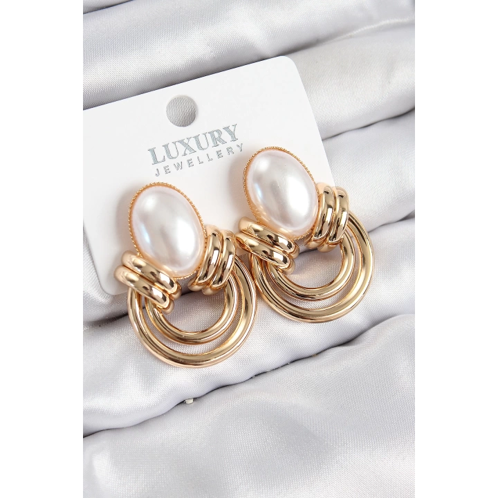 BFS Pirinç İnci Detaylı Vintage Model Gold Renk Kadın Küpe