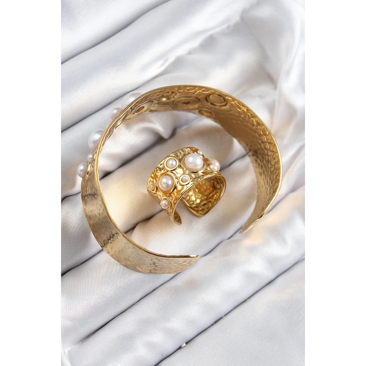 BFS Pirinç İncili Model Gold Renk Bileklik Yüzük Set