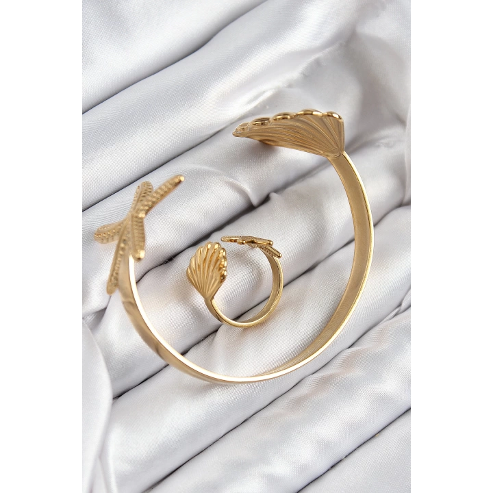 BFS Pirinç İstiridye Ve Deniz Yıldızı Model Gold Renk Bileklik Yüzük Set