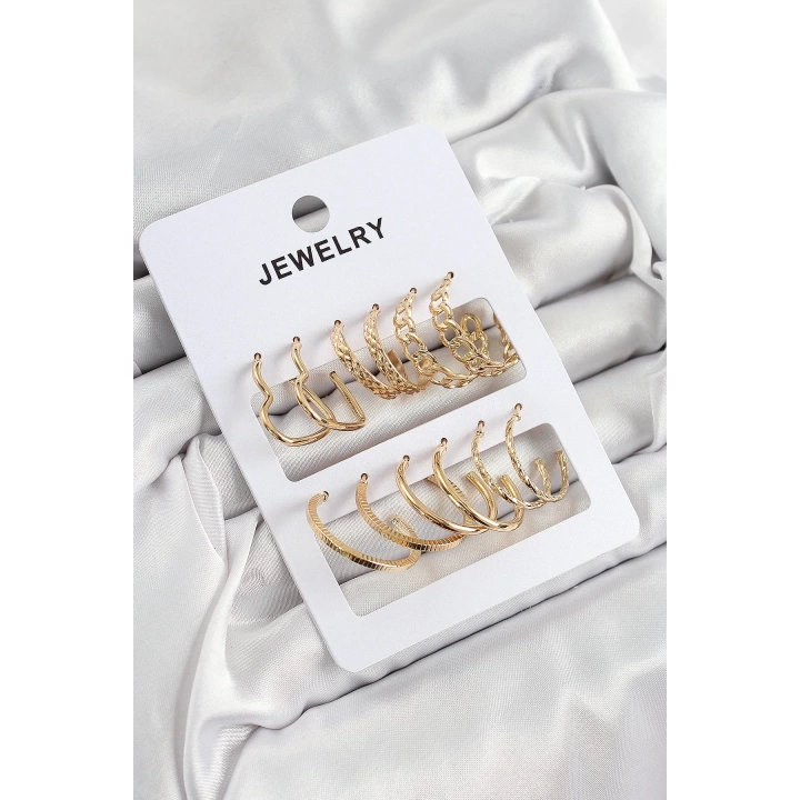 BFS Pirinç Karışık Halka Model Gold Renk 6 Çift Kadın Küpe Set