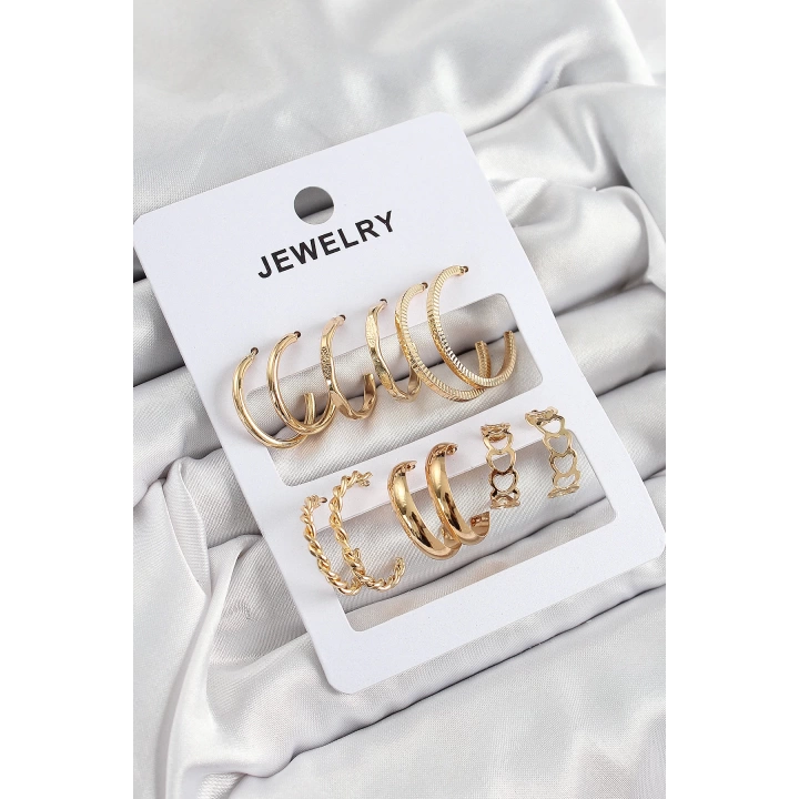 BFS Pirinç Karışık Halka Model Gold Renk 6 Çift Kadın Küpe Set