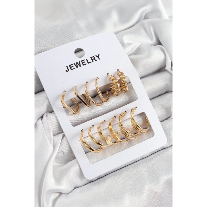 BFS Pirinç Karışık Halka Model Gold Renk 6 Çift Kadın Küpe Set
