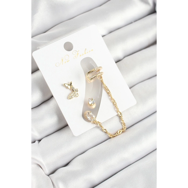 BFS Pirinç Kelebek Figürlü Zirkon Taşlı Gold Renk 3lü Kıkırdak Kadın Küpe Set