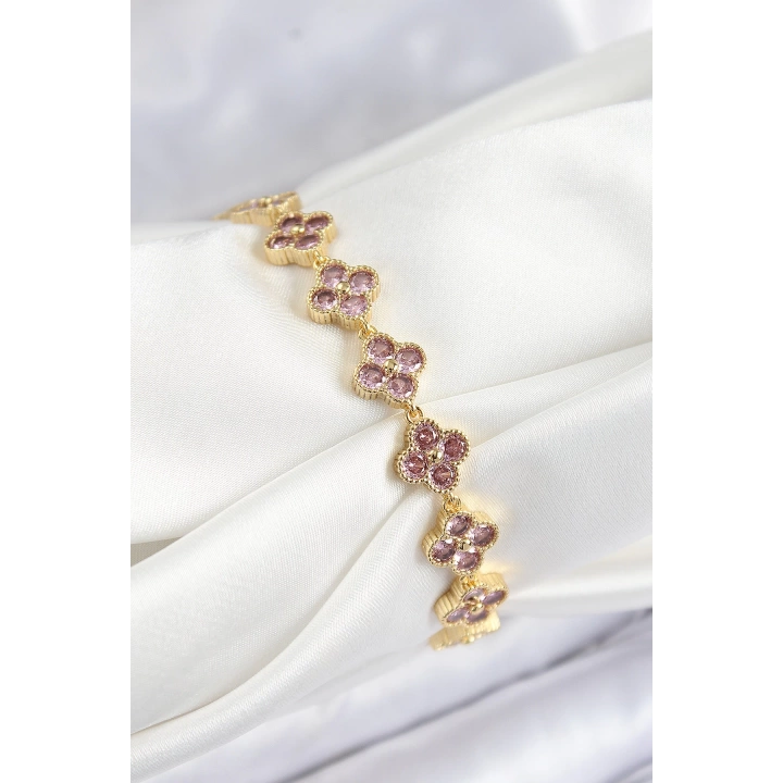 BFS Pirinç Pembe Zirkon Taşlı Yonca Model Gold Renk VIP Seri Kadın Bileklik