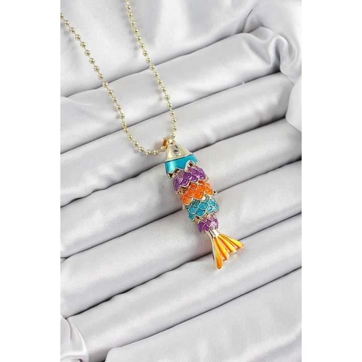 BFS Pirinç Rainbow Balık Model Zirkon Taşlı Gold Renk Kadın Kolye