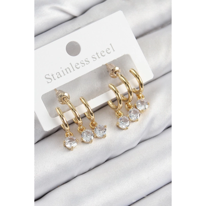 BFS Pirinç Sallantılı Zirkon Taşlı Model Gold Renk Kadın Küpe