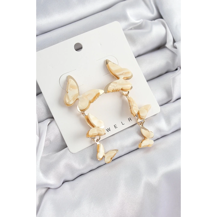 BFS Pirinç Sedef Sallantılı Mermer Desenli Kelebek Model Gold Renk Vintage Kadın Küpe