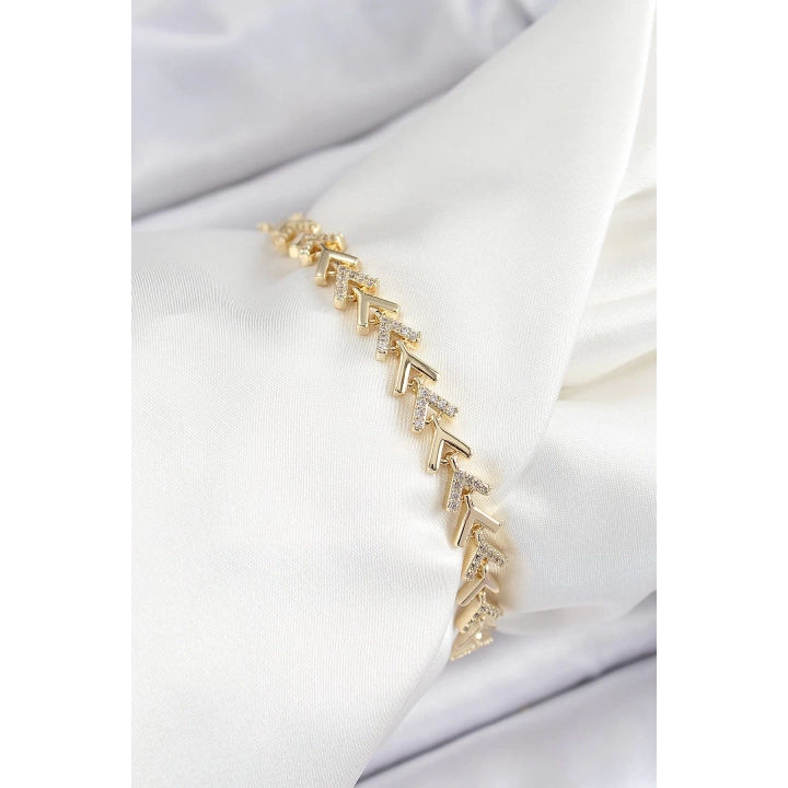BFS Pirinç Sıralı Ok Model Zirkon Taşlı Gold Renk VİP Seri Kadın Bileklik