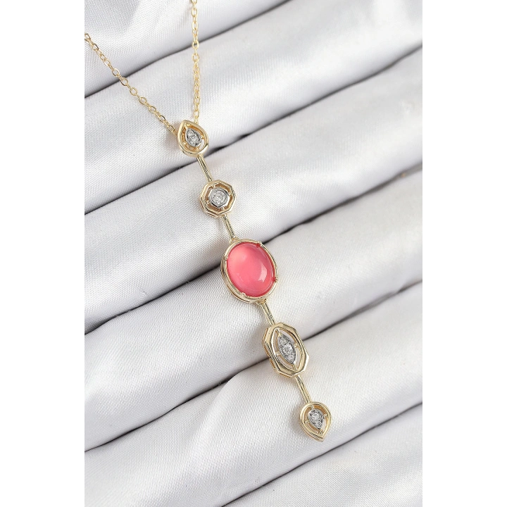 BFS Pirinç Zincir Pembe Gold Renk Zirkon Taşlı Y Kolye