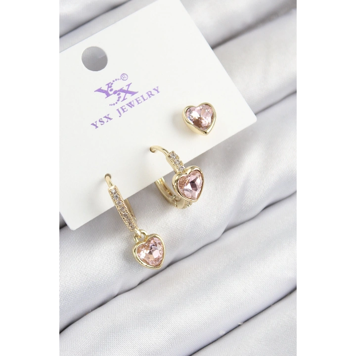 BFS Pirinç Zirkon Taşlı 3lü Pembe Kalp Model Gold Renk Kadın Küpe
