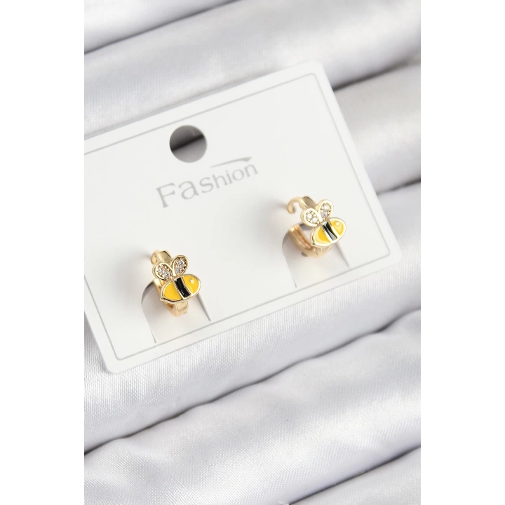 BFS Pirinç Zirkon Taşlı Arı Model Gold Renk Çocuk Küpe